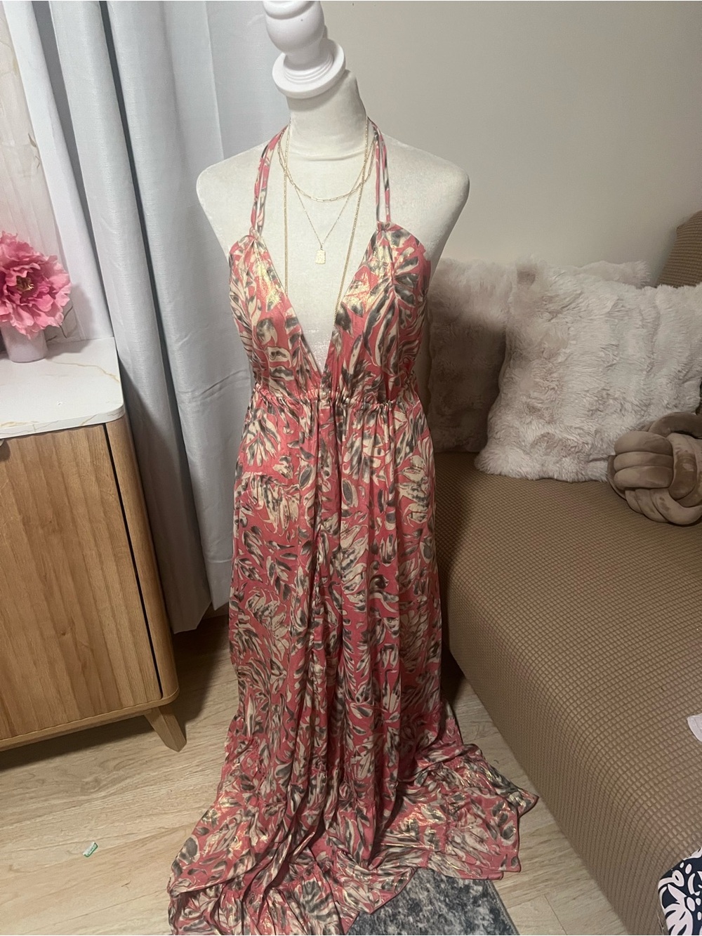 Women's Coral Floral Halter Maxi Dress